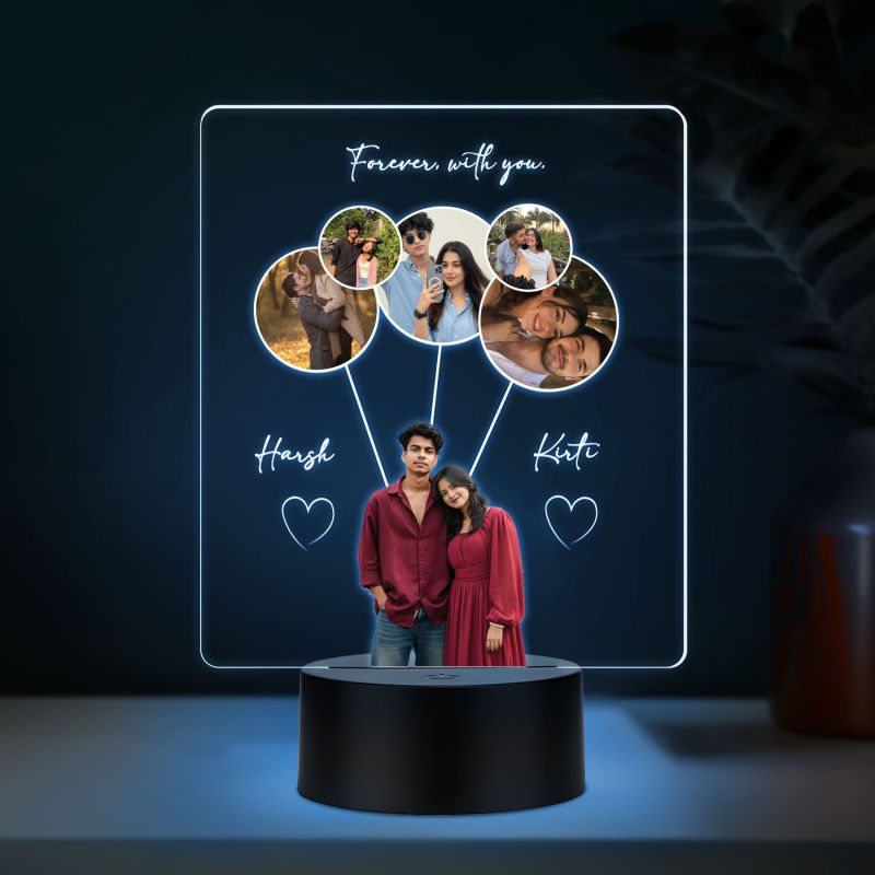 Personalized Couple LED Photo Lamp, Forever with You Custom Acrylic Night Light with Multiple Photos with Color Changing Base